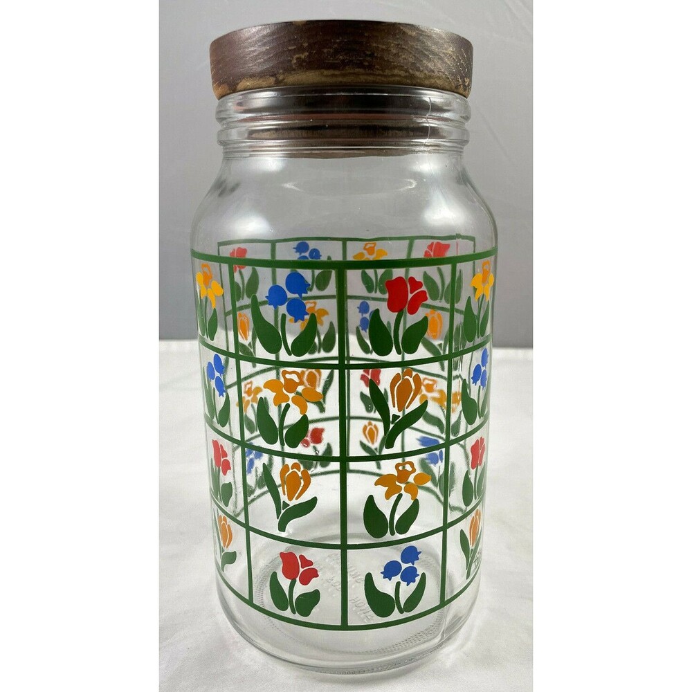 Anchor Hocking Nina Canister w/Flowers 9.5"T Glass Wood Lid 1983 Tulip Vintage